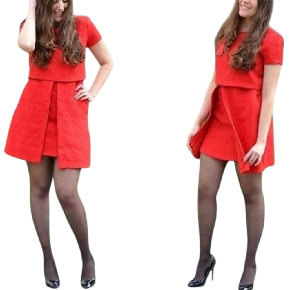 Zara Mini Dress Womens Size Medium Red Jacquard Short Sleeve double Layer Skirt